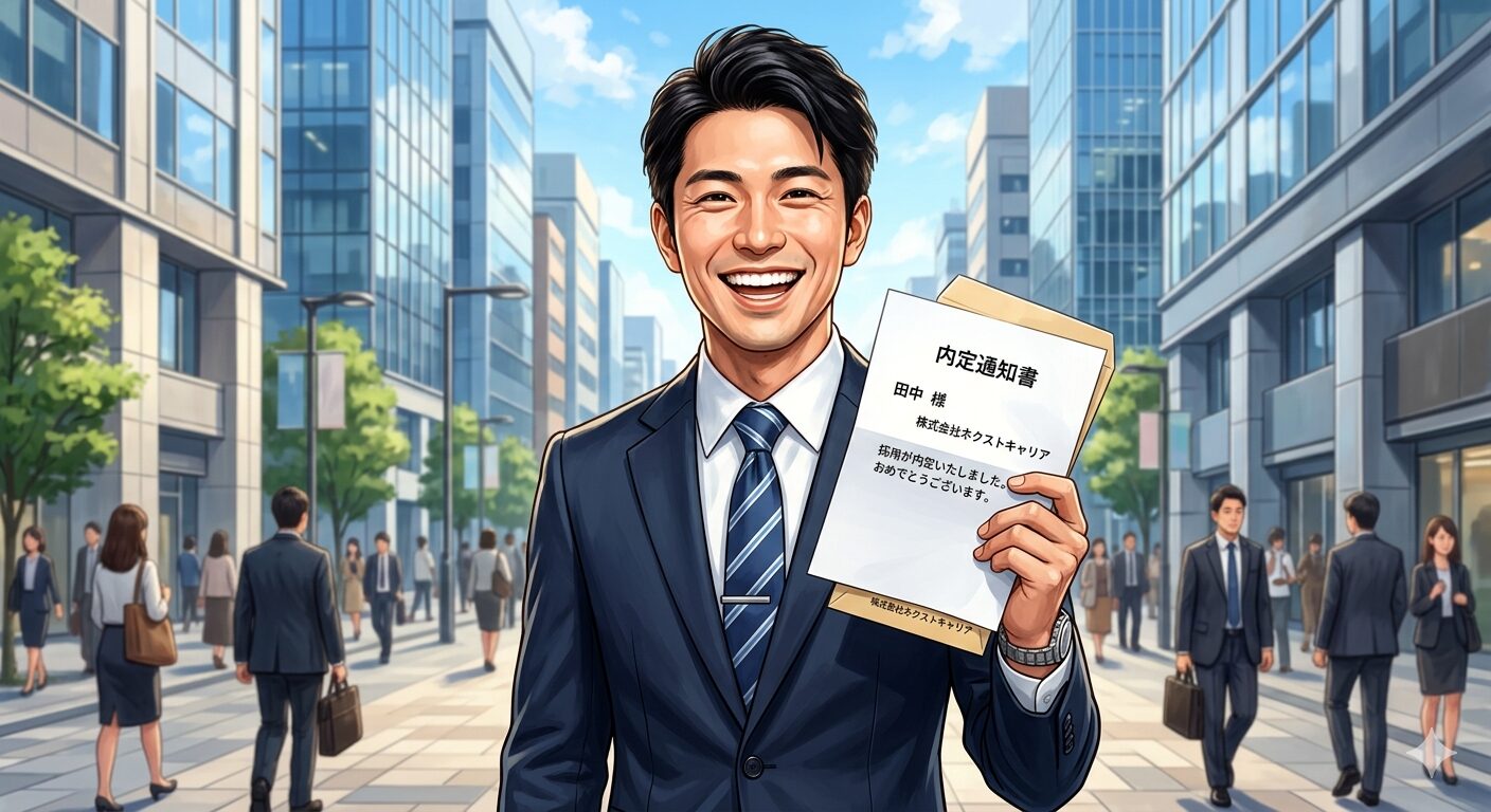 内定を手に笑顔の男性