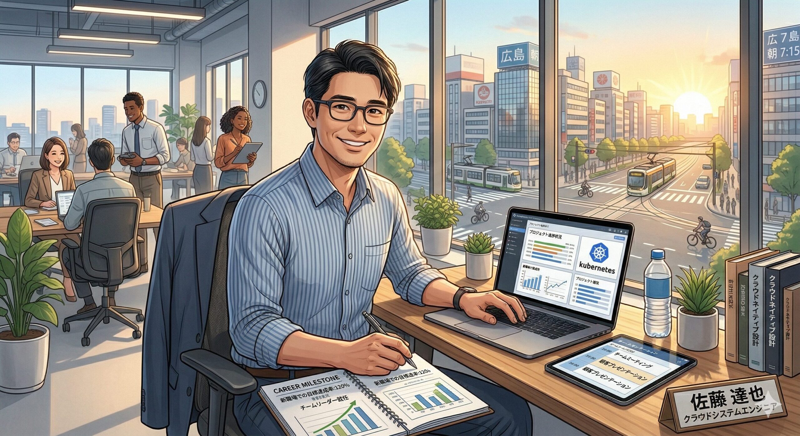 新しい職場で自信をもって働く30代男性