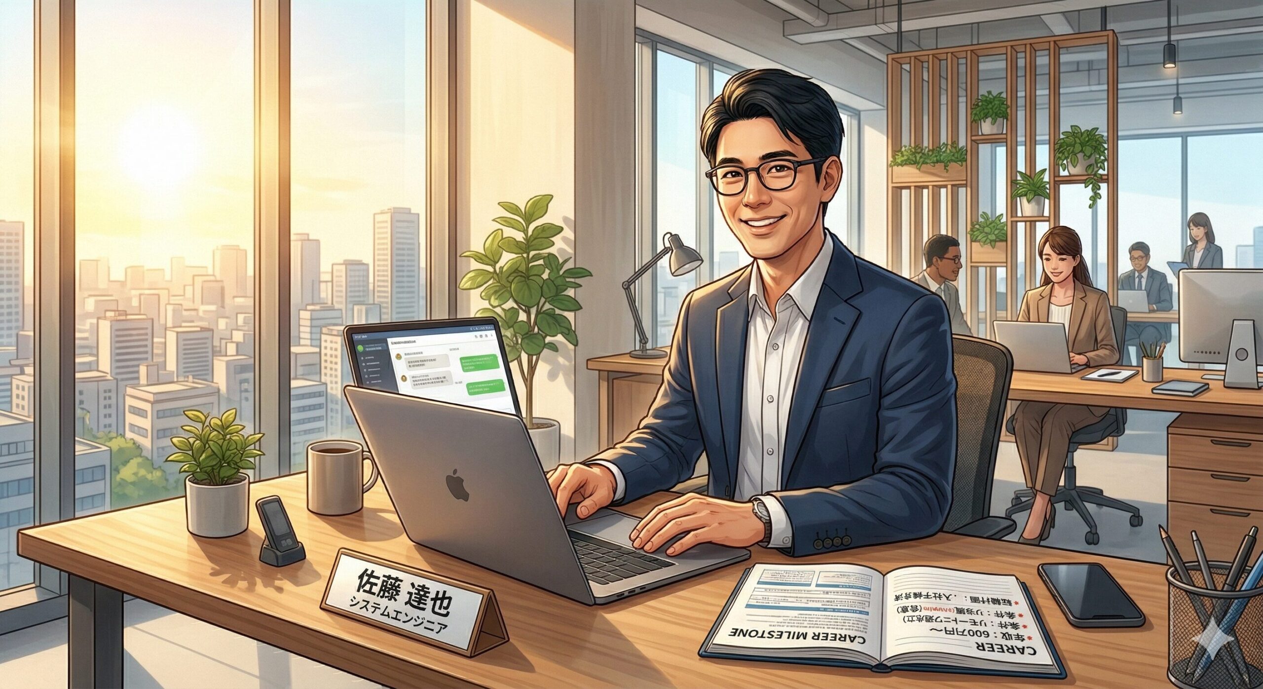 新しいオフィスで働く転職成功した30代男性