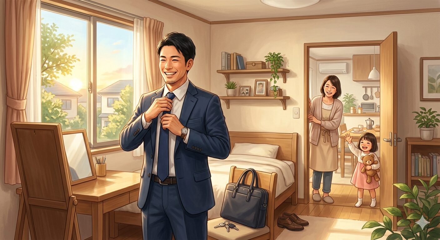 IT転職成功後の朝・家族に見送られて出勤する30代男性