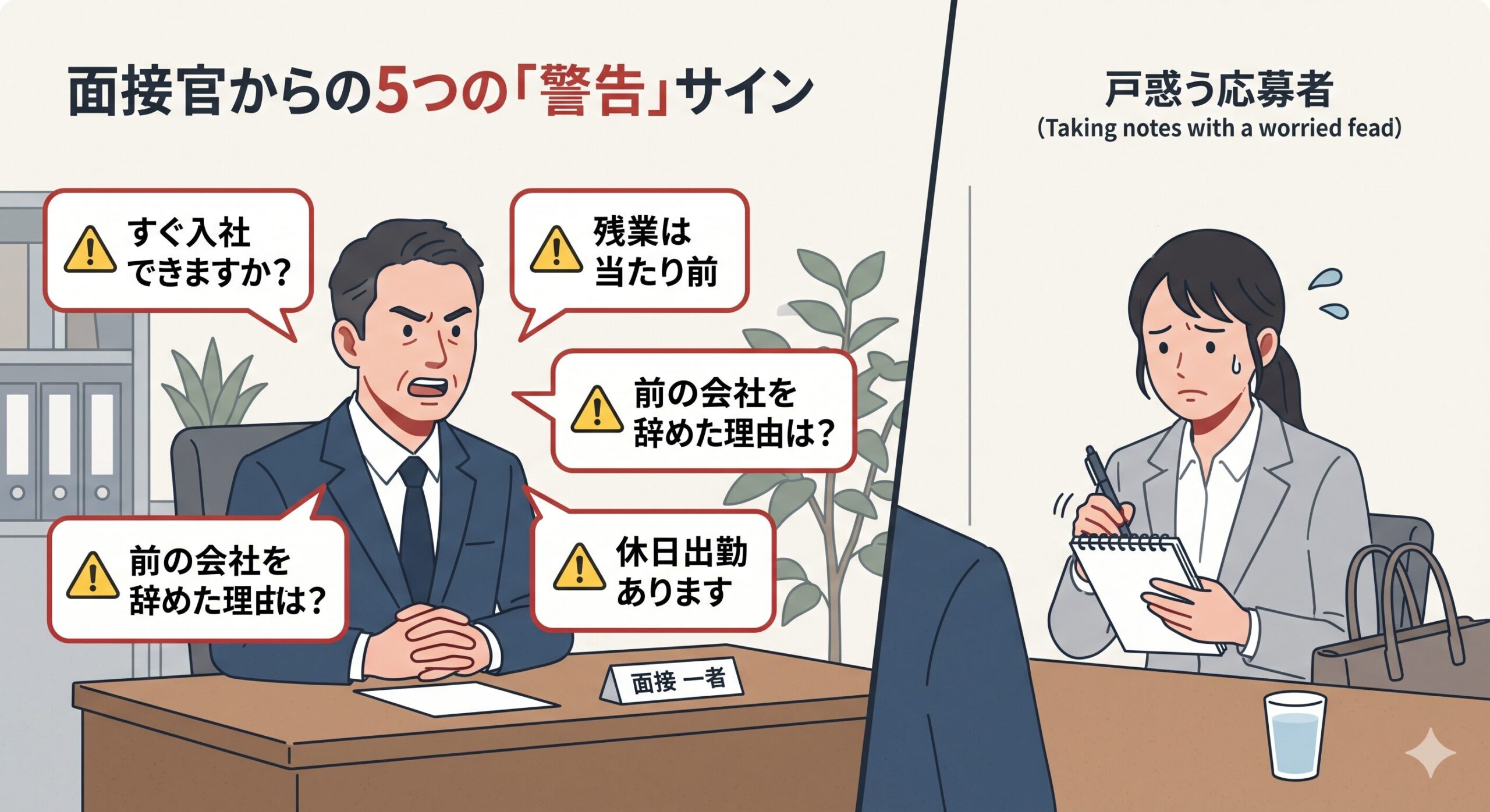 IT転職の面接で見抜くブラック企業の5つの危険サイン（即日内定・家族経営・残業当然など）