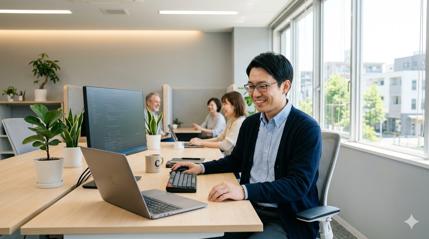 IT転職成功後に明るいオフィスで働く男性
