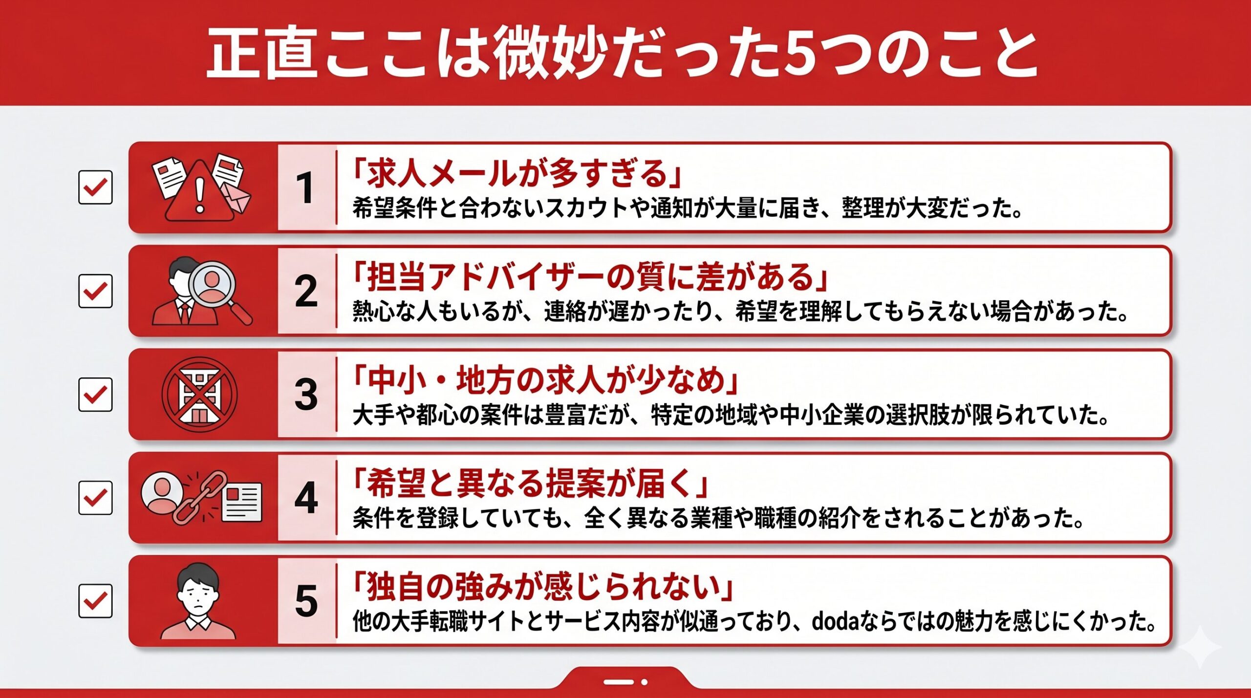 dodaで正直微妙だった5つのこと（求人メール多すぎ・担当者の質の差・地方求人少・提案のズレ・独自性）