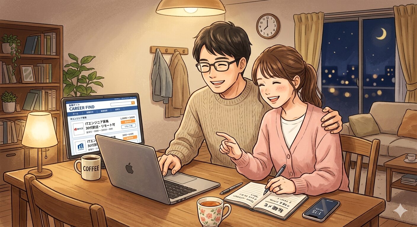 夫婦が夜中に並んでノートパソコンで転職先を一緒に調べている