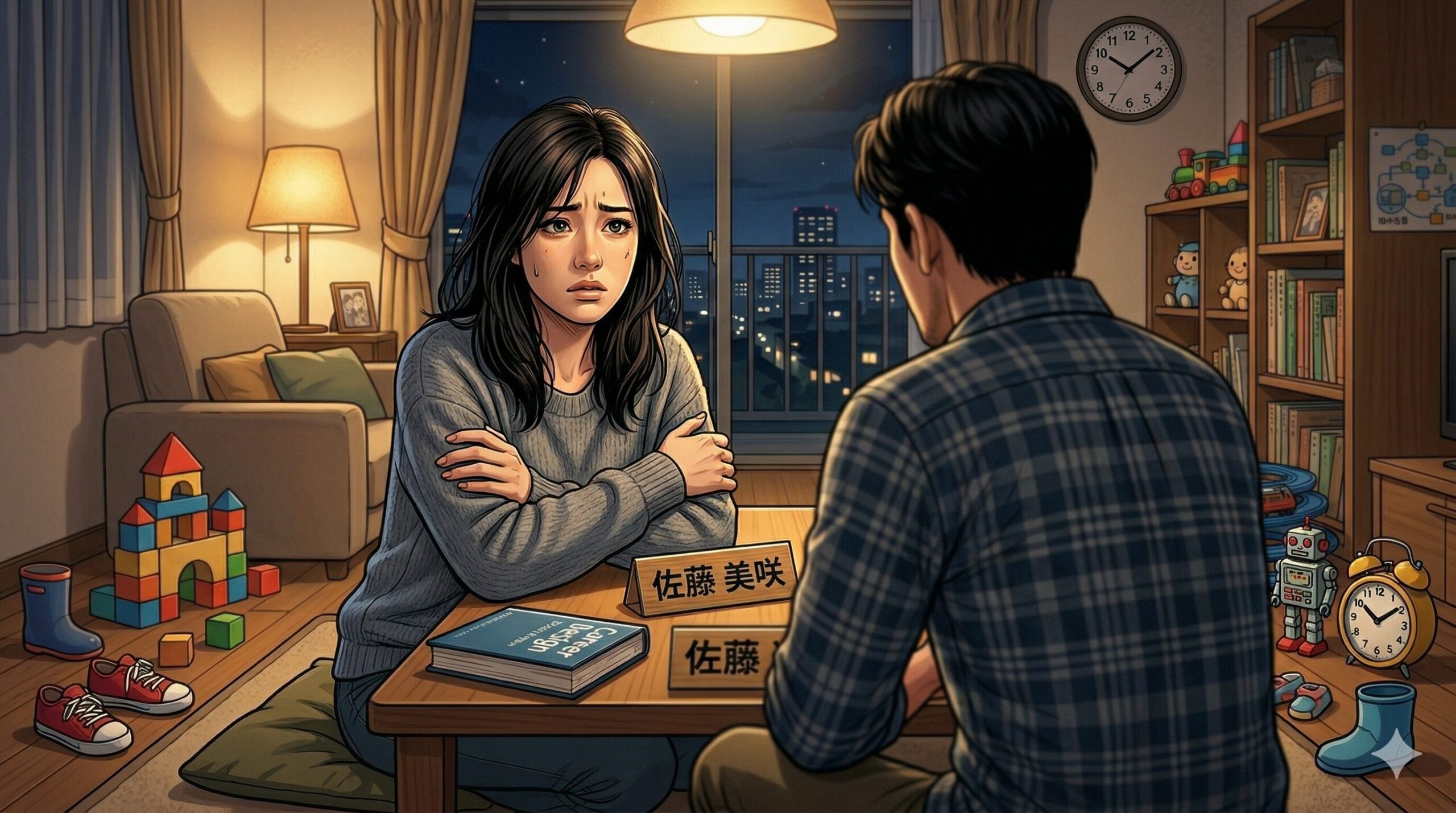 妻が心配そうな表情でソファに座っている