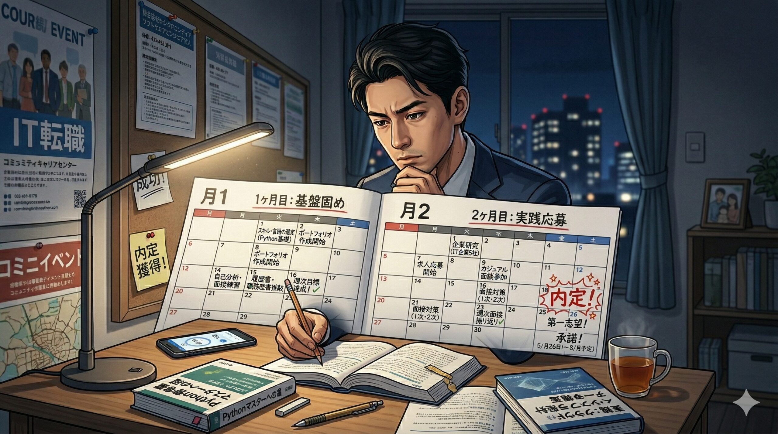 カレンダーに転職スケジュールを書き込んでいるシーン