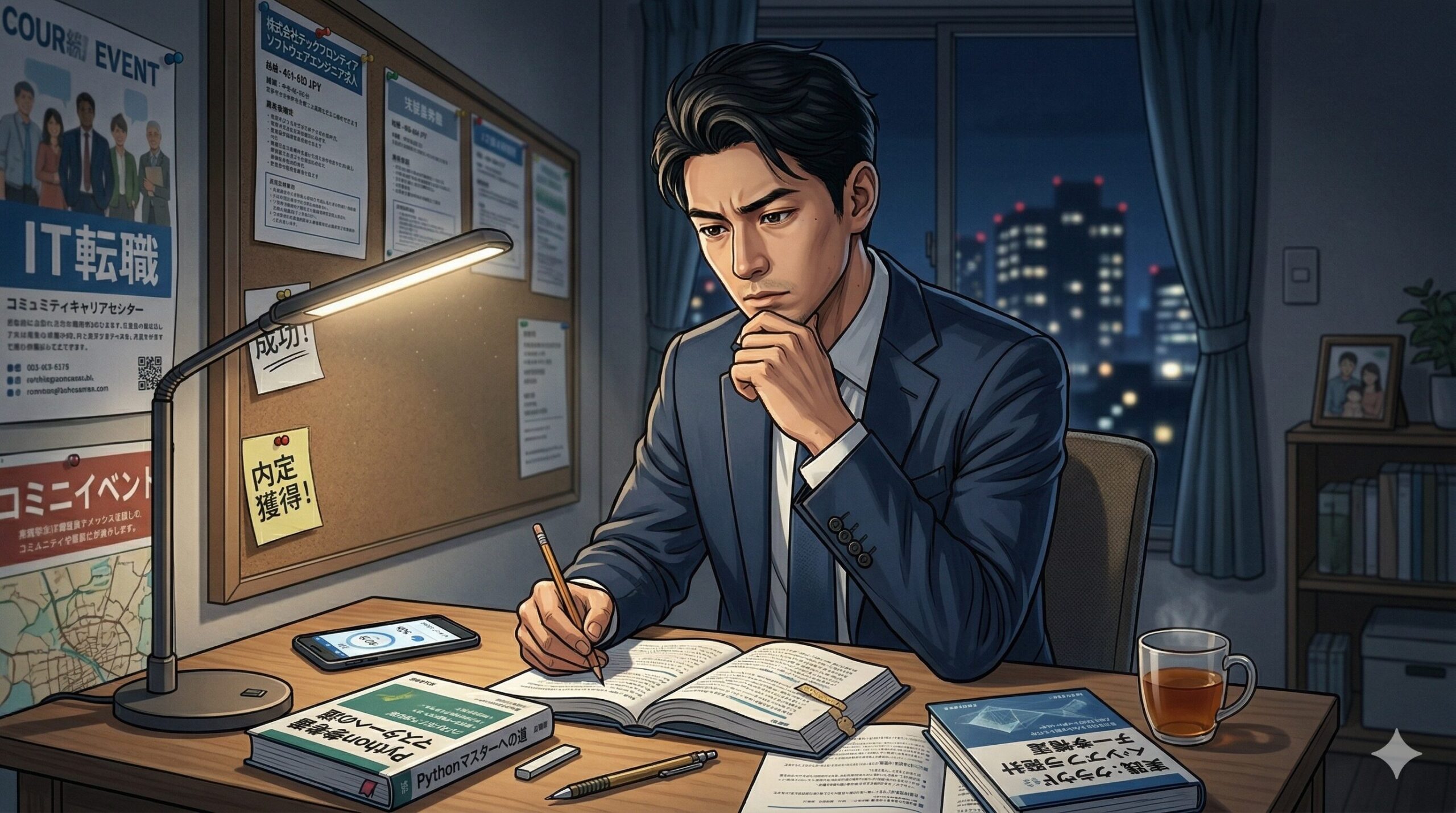 夜に机で参考書を開いて勉強している男性