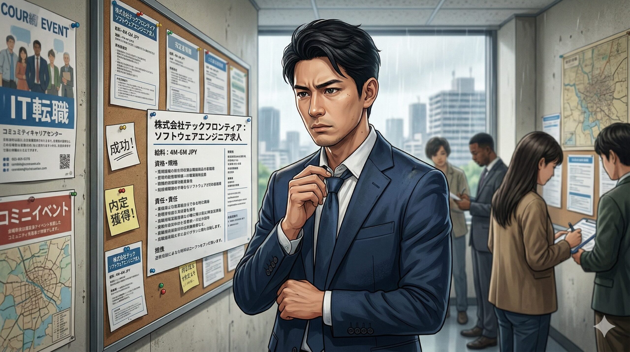 壁の求人票を真剣に見ている30代男性