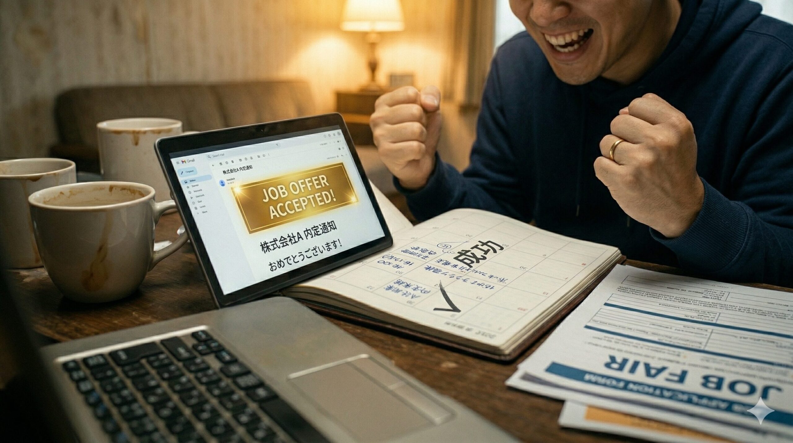 IT転職内定通知を見てガッツポーズする男性