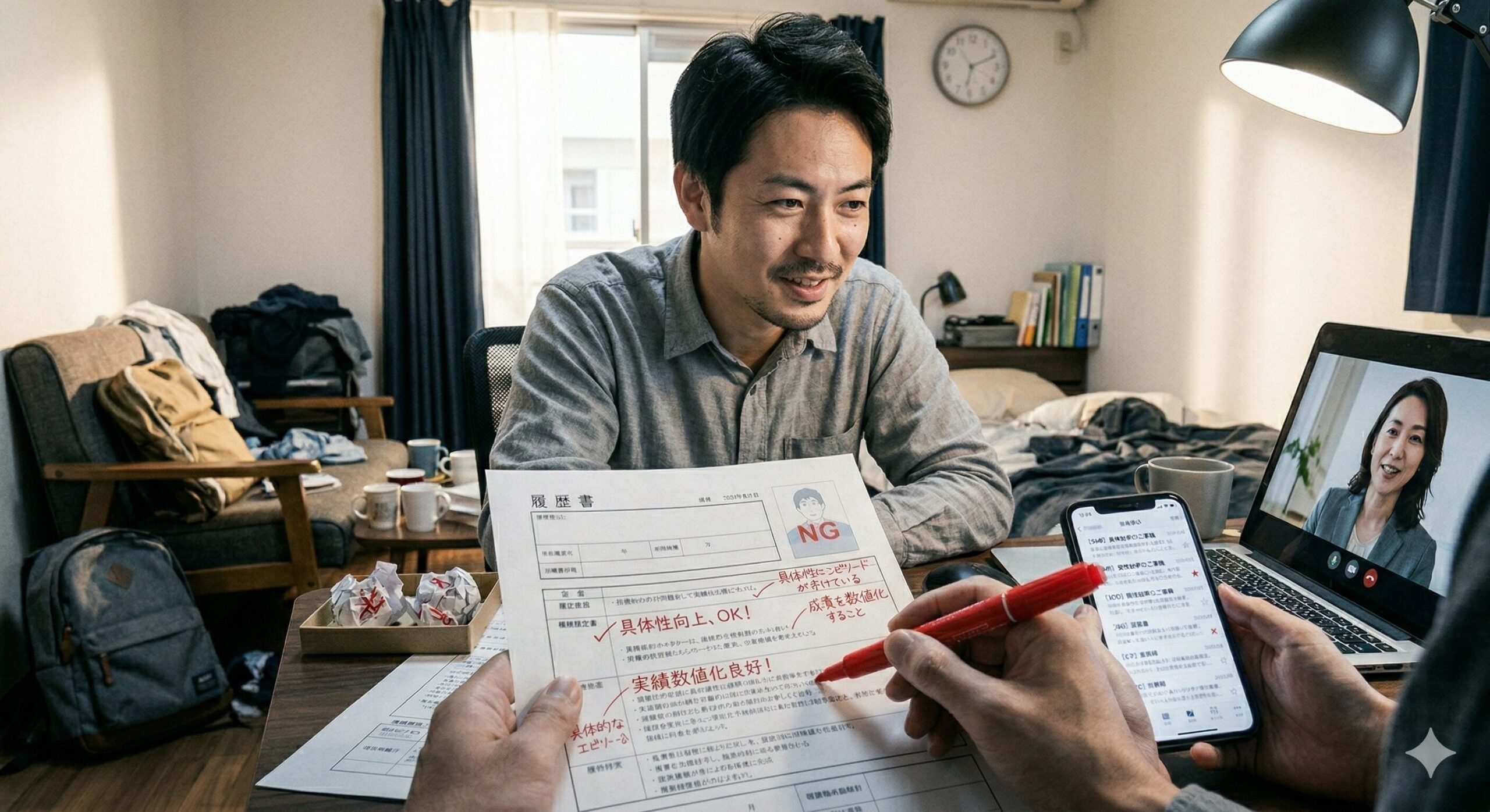 エージェントとオンライン面談しながら書類を修正している30代男性