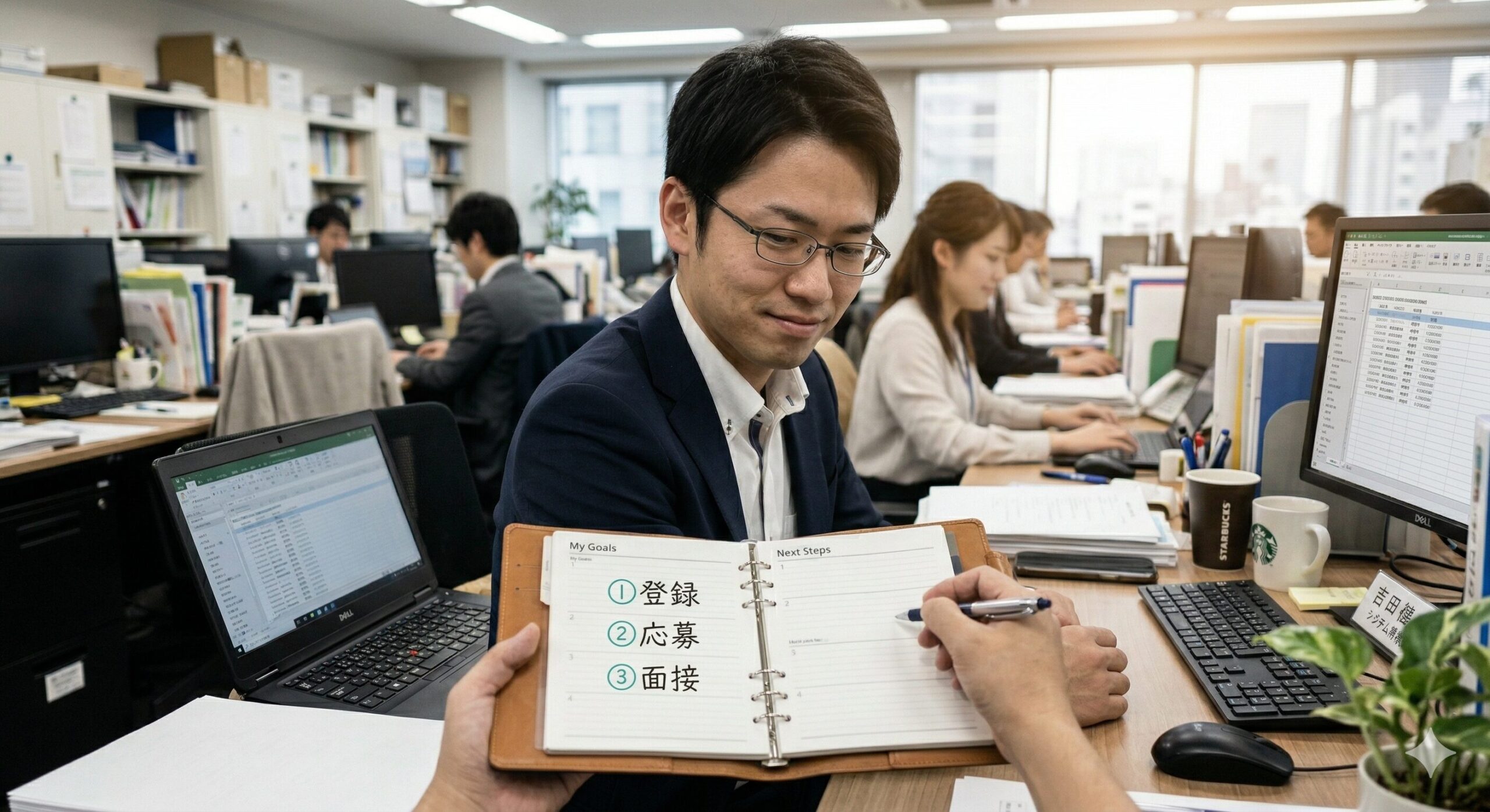 手帳に転職活動のステップを書き込んでいるシーン