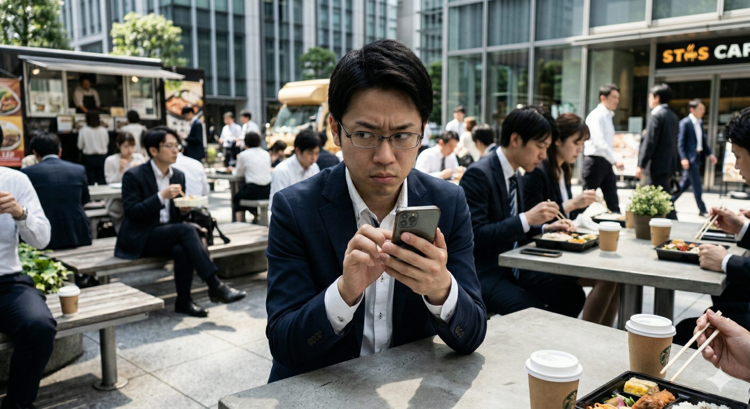 昼休みに会社の外でスマホを操作している男性