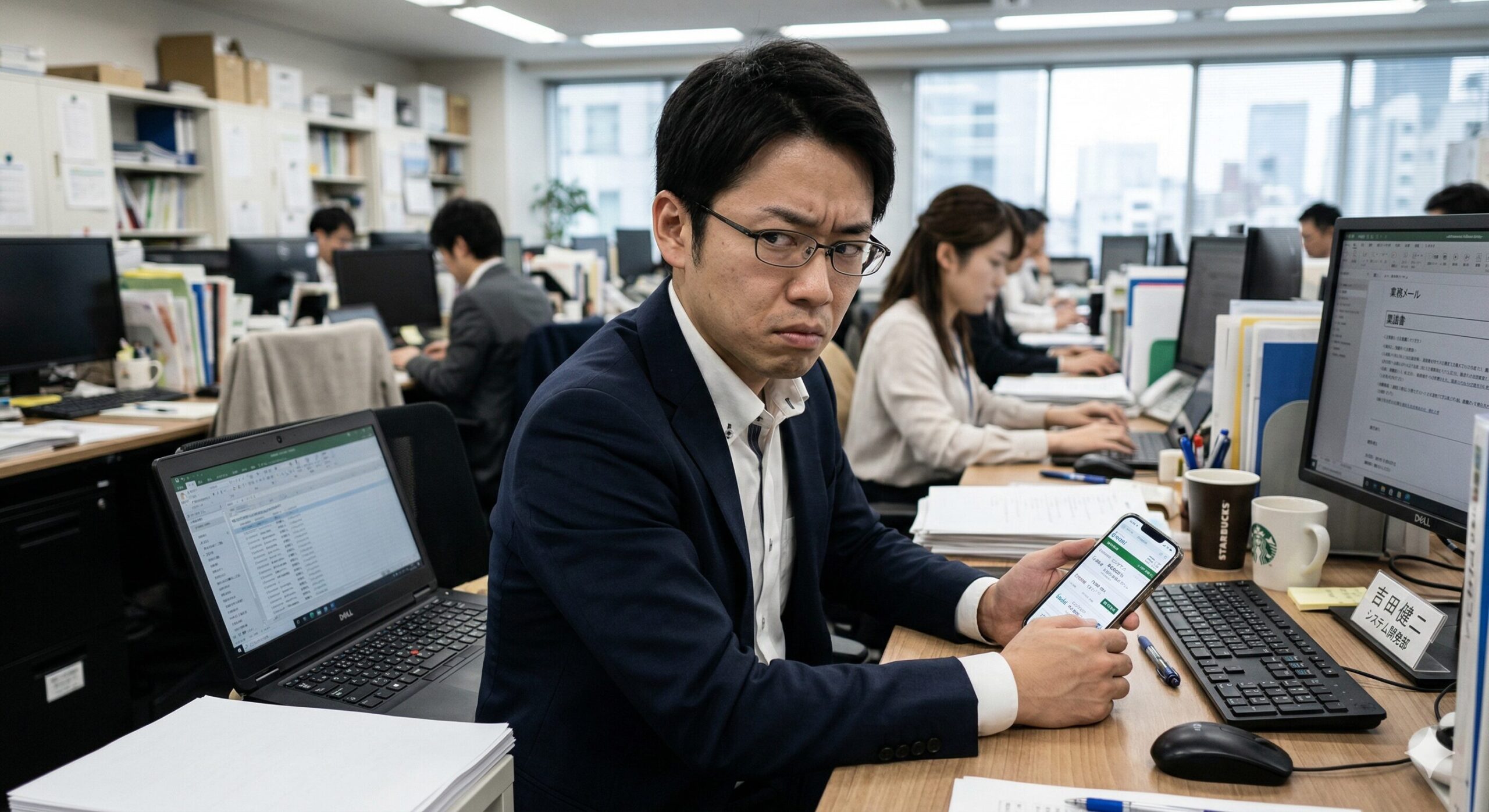 会社でこっそりスマホで転職サイトを見ている30代男性