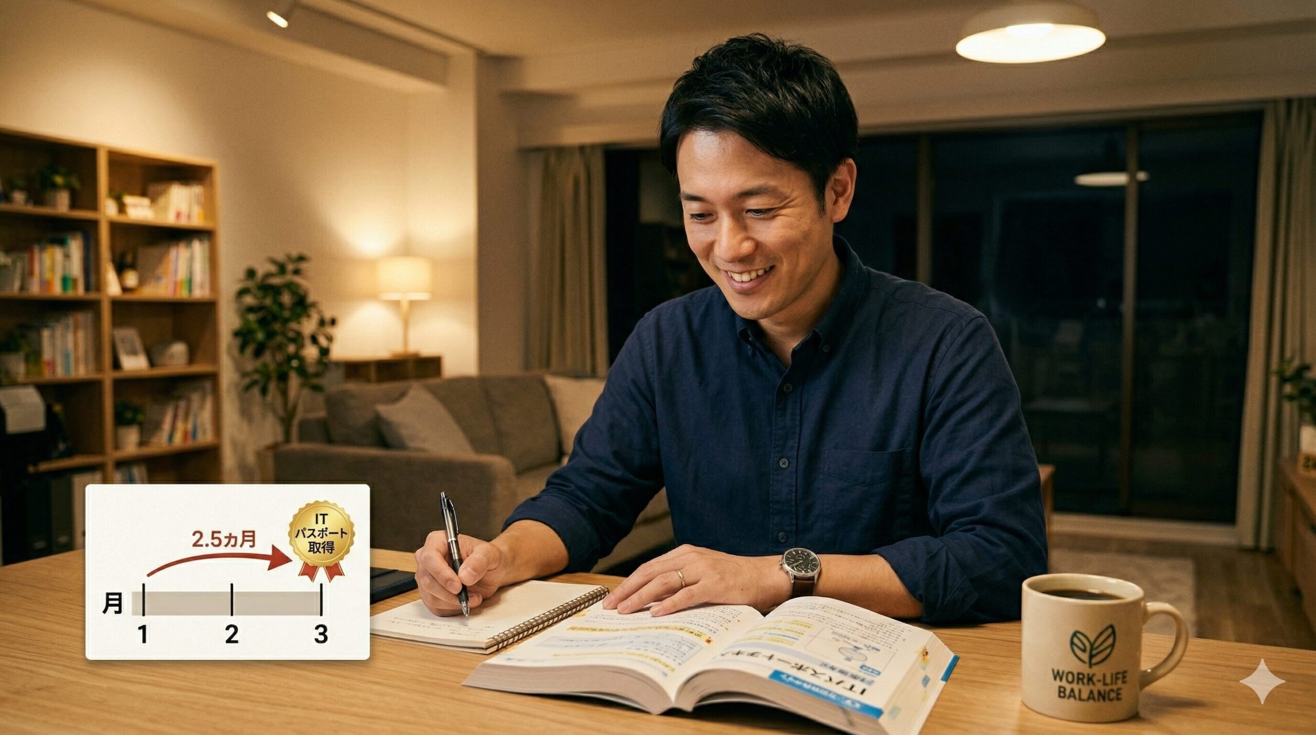 ITパスポートのテキストで勉強する30代男性