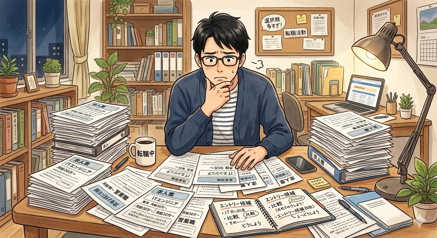 大量の求人票の前で選択に悩む30代男性