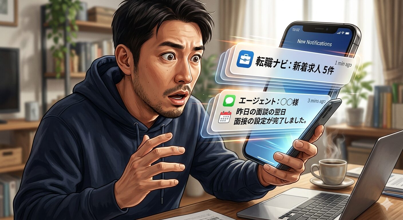 IT転職の内定通知を受け取り安堵する30代男性