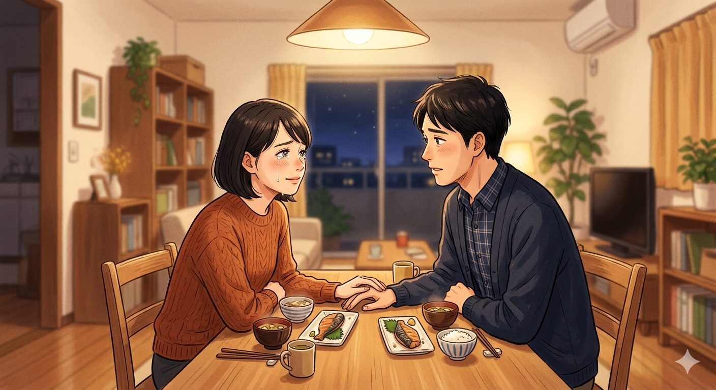 涙をこらえながら夫の話を聞く妻・夜のダイニングテーブルで向き合う夫婦