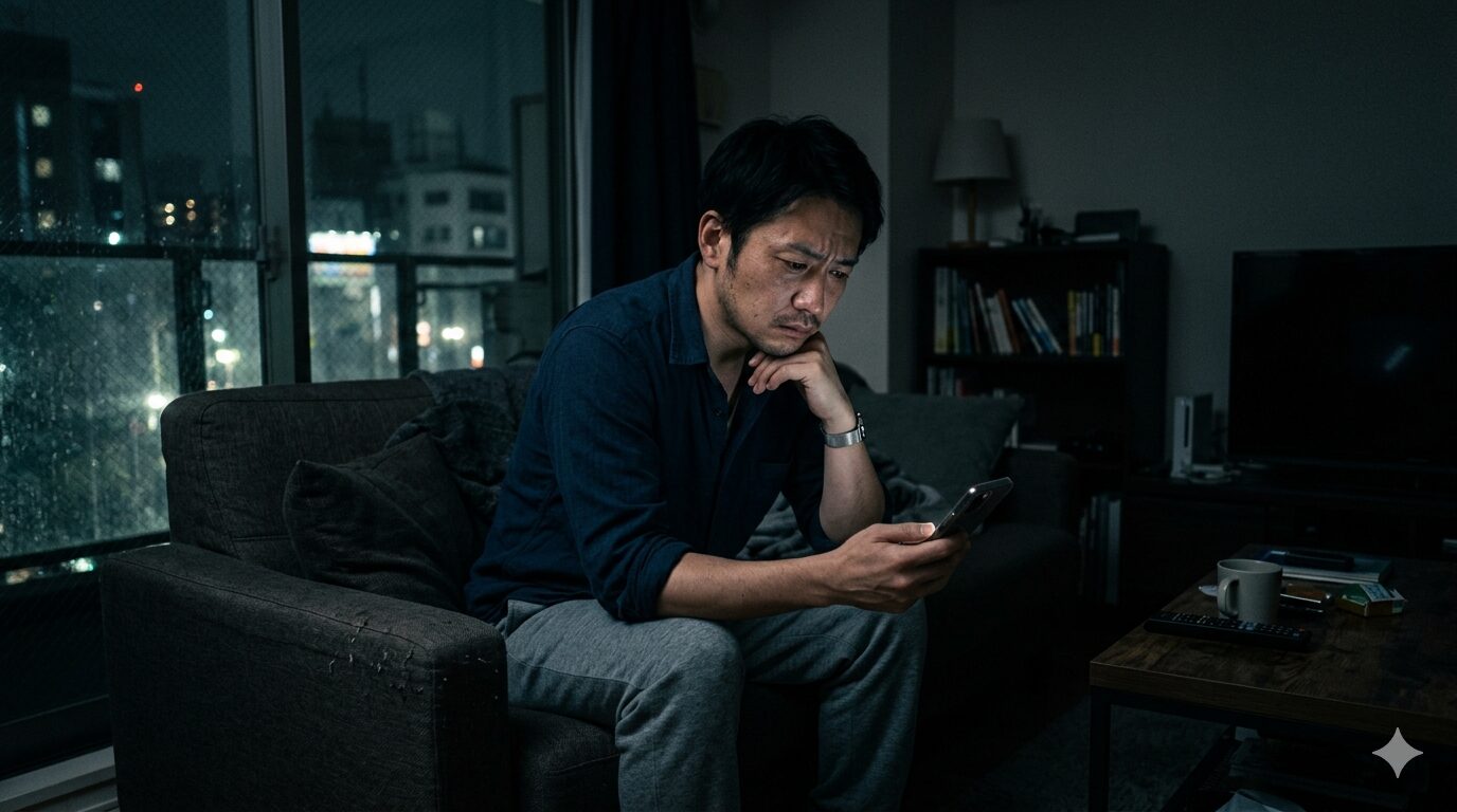 夜にスマホで転職を検討する35歳男性