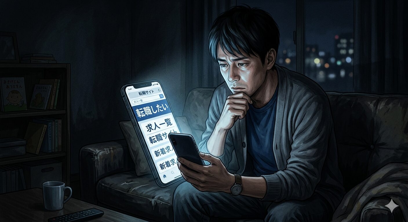 夜中一人でスマートフォンを見つめる30代男性・転職を考える